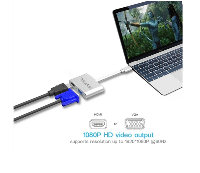 QS MLTUSB3108, USB 3.1 Type C USB-C to HDMI VGA Adapter